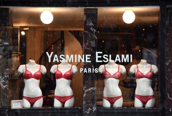 Lingerie window in Paris with red for Valentine's Day, gifts the reflect cultural traditions. (Image © meredith Mullins.)