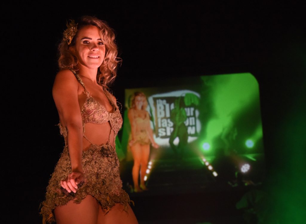 A cannabis outfit designed by Heather Suzanne at the 2018 Big Sur Fashion Show, a cultural encounter with the spirit of community. (Image © Meredith Mullins.)